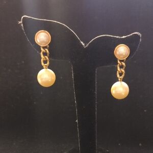 Vintage Monet Gold Tone White Faux Pearl Drop Statement Earrings